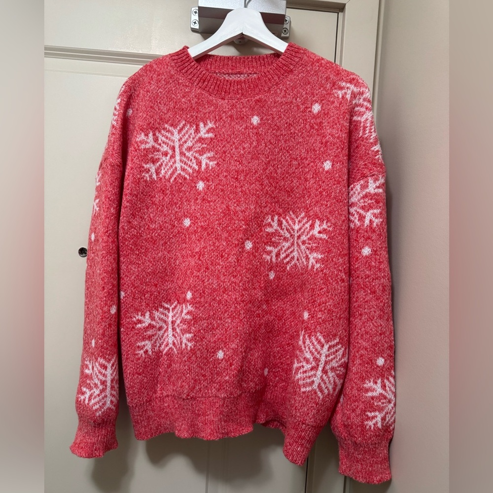 Cupshe Pink and White Crew Neck Sweater with Snowflake Design